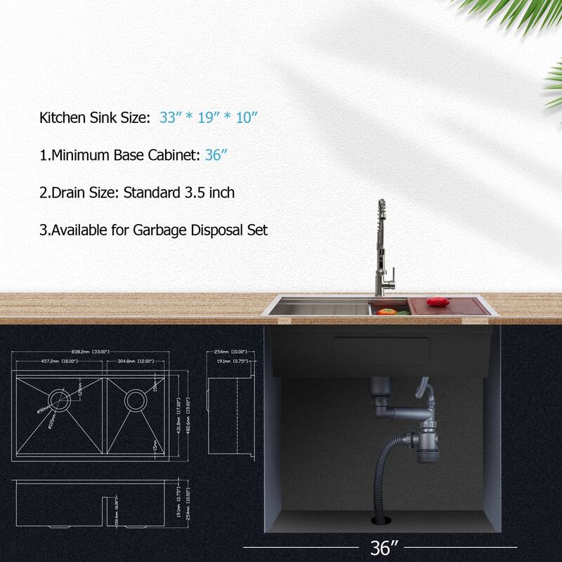 33-inch Undermount Kitchen Sink Low Divide Double Bowl 50/50 Prep Workstation Sink 16 Gauge Stainless Steel Kitchen Sink Basin
