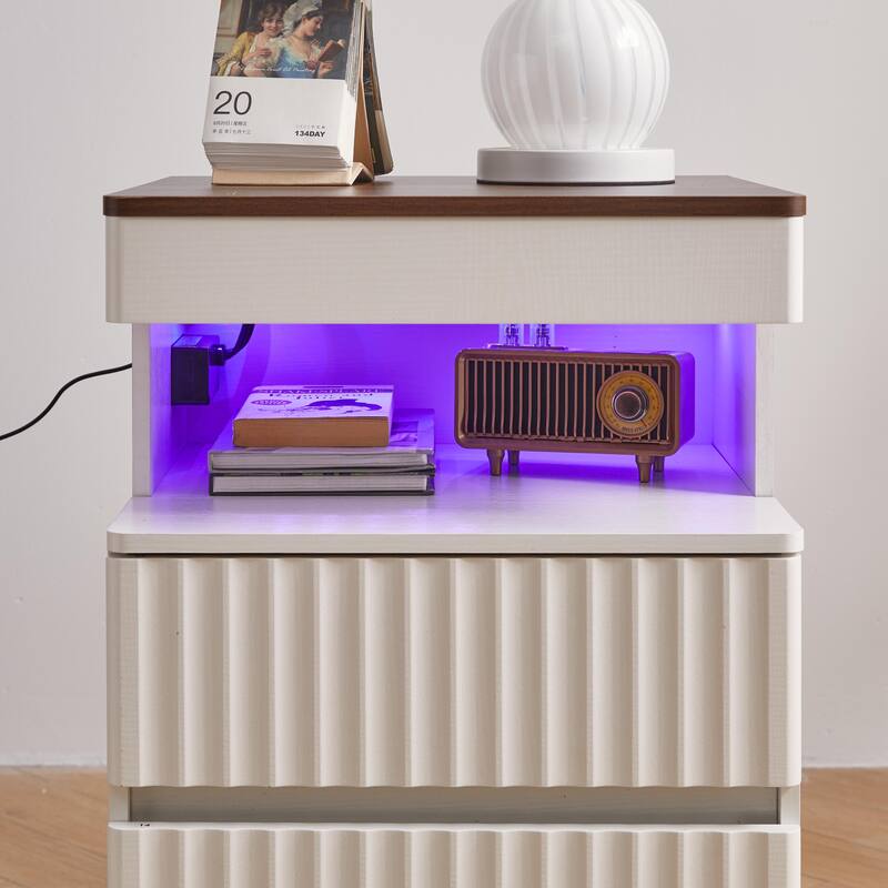 Modern Bedside Table with Gun Drawer,Bedside Table with Charging Station, 2 Drawers and Open Shelf,Side Table for Bedroom