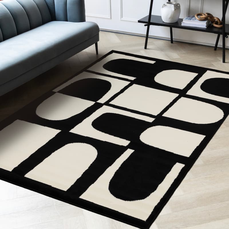 Black White Contrasting Geometric Blocks High-Traffic Rug