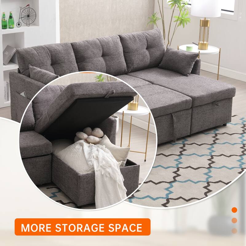 Corduroy/Chenille Upholstered L-Shaped Storage Reversible Chaise Sectional Sofa with Side Pocket