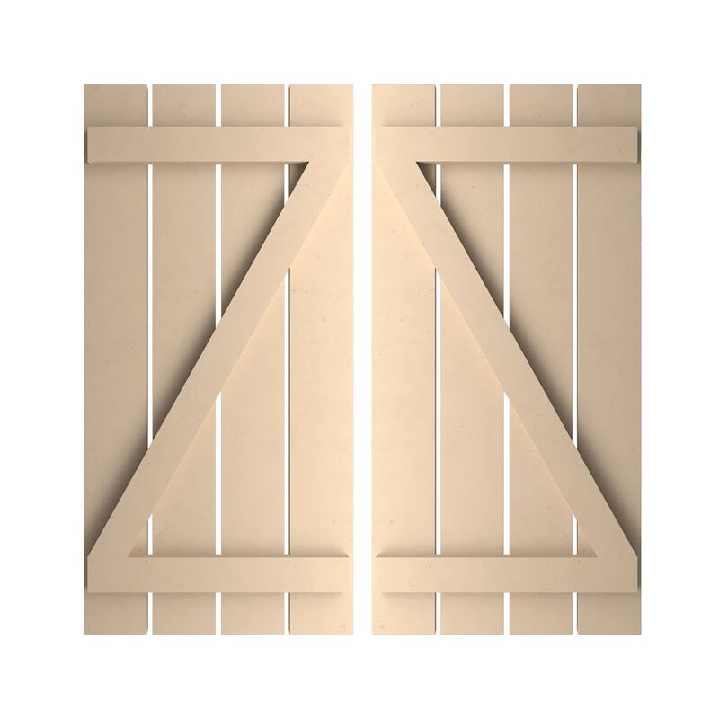 Rustic Four Board Spaced BoardnBatten Faux Wood Shutters w/ZBoard (Per Pair), Primed Tan