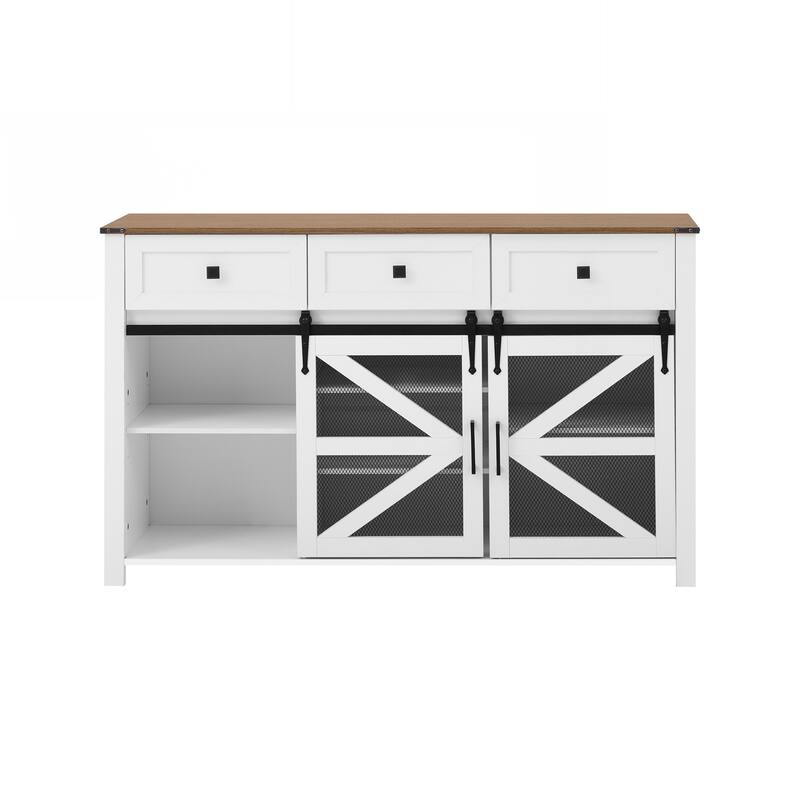 Sliding Barn Door Sideboard Buffet Cabinet with 3 Drawers, Adjustable Shelves