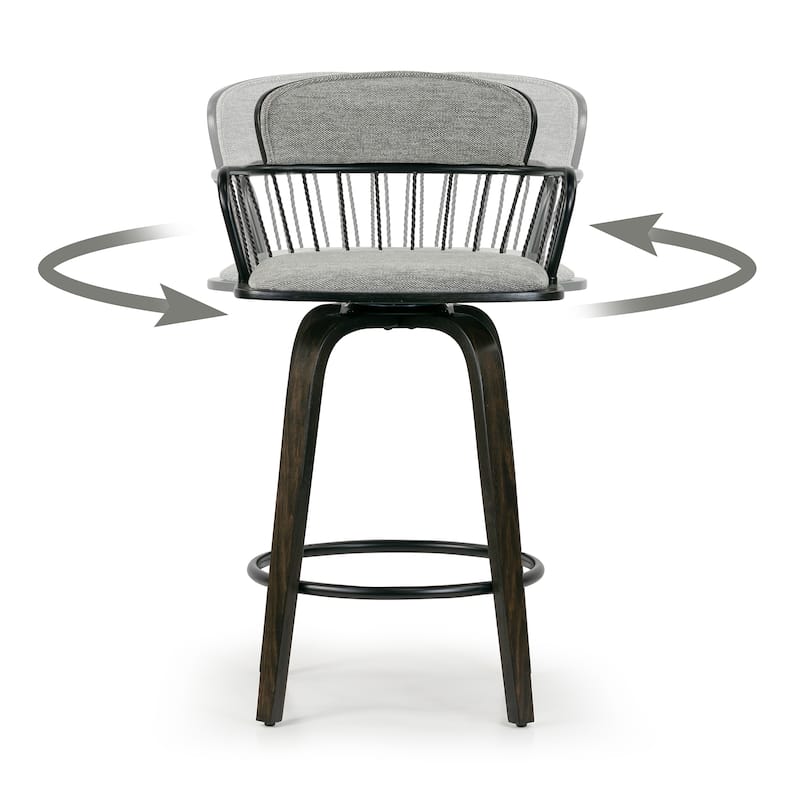 Set of 2 Baker Gray Fabric Counter Stool with Black Iron Back and Wood Legs