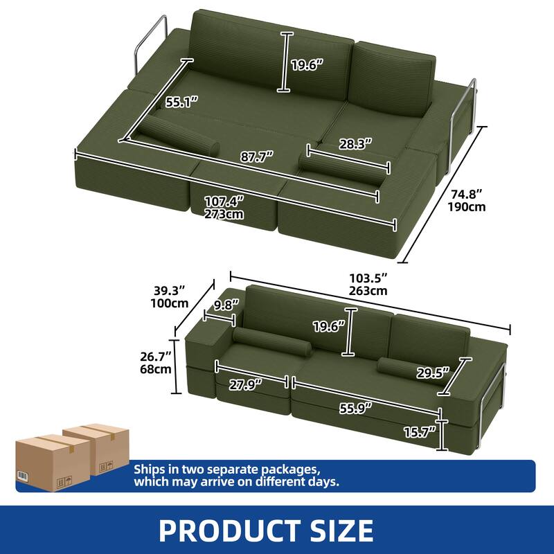 103.5" Convertible Cloud Sectional Couch, Comfy Corduroy Sectional Sofa with Deep Seat & High Pillows