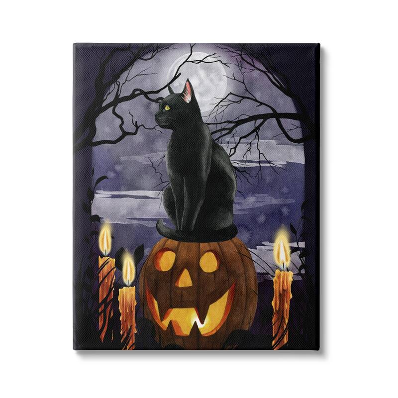 Stupell Full Moon Halloween Night Spooky Black Cat Jack-o'-lantern Canvas Wall Art - Orange