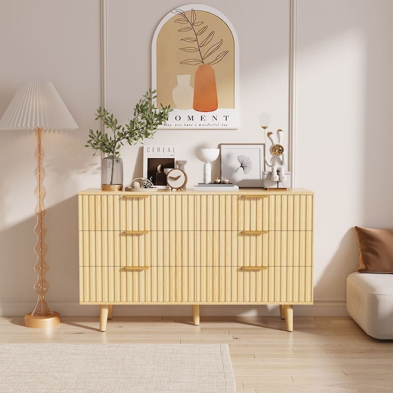 Gymojoy Fluted 6 Drawer Dresser for Bedroom, 47" Wood Chest of Drawers, Modern TV Stand for Closet, Living Room, Hallway