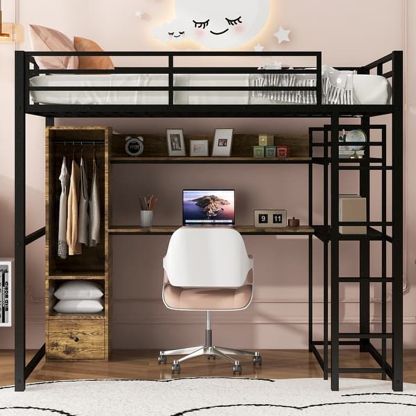 slide 2 of 10, Black Full Loft Bed with Built-in Wardrobe & Drawer, Industrial Metal Loft Bed Frame with Desk and Shelves, Space-Saving Design Black - Full