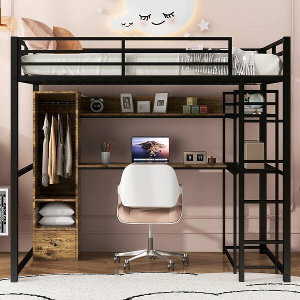 slide 2 of 10, Teens Full Size Loft Bed with Built-in Desk and Wardrobe, Black Metal Loft Bed Frame with Storage Shelves & Drawers for Kids Black - Full