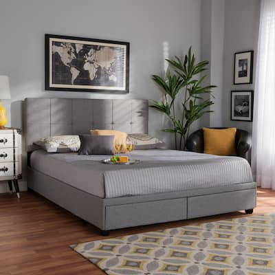 Queen Size Storage Bed with Drawers - Fabric Upholstered Platform Bed Frame - Grey, 2 Drawer