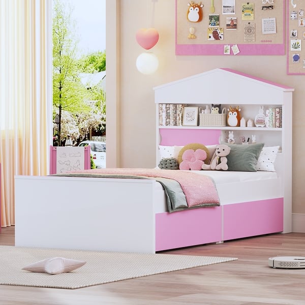 slide 2 of 10, Twin Size Wooden Bed with Storage Shelf on the Headboard, House-Shaped Bed with Built-in Two Storage Drawers, Pink Pink