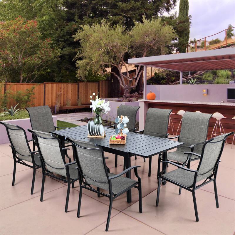 MAISON ARTS Patio Dining Set 9/7 Pieces Outdoor Metal Furniture Set, 8/6 C Spring Motion Chairs and 1 Expandable Table - 9-Piece Fixed