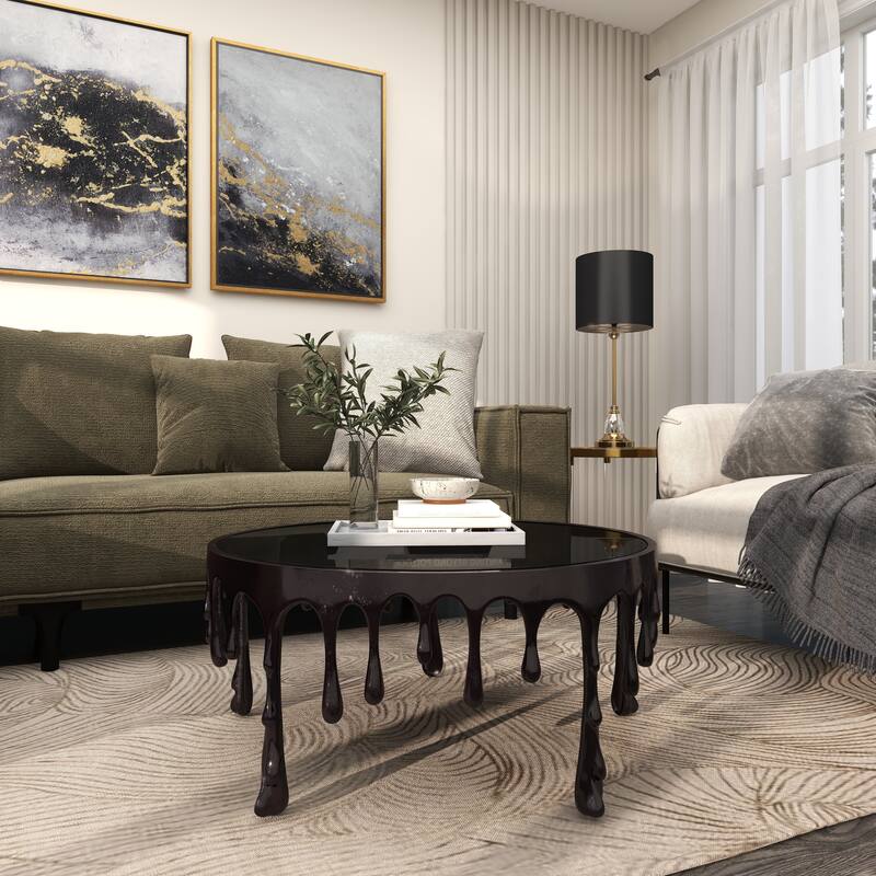 Aluminum Metal Accent, Console, and Coffee Table Collection with Drip Melting Design and Smoke Shaded Glass Top Multiple Colors