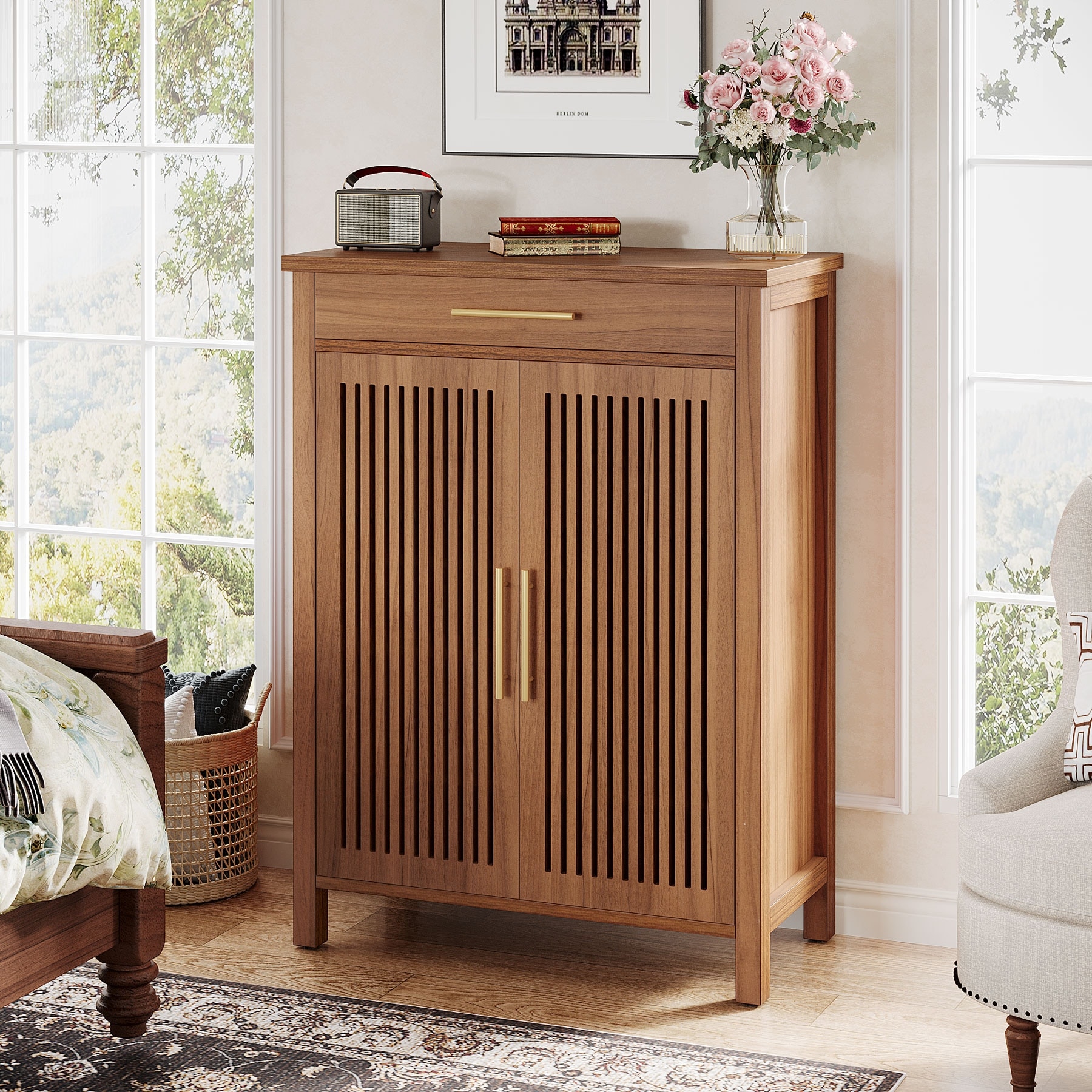 Shoe Cabinet with Louvered Doors & Drawer, Freestanding Wooden Shoe Rack for Entryway