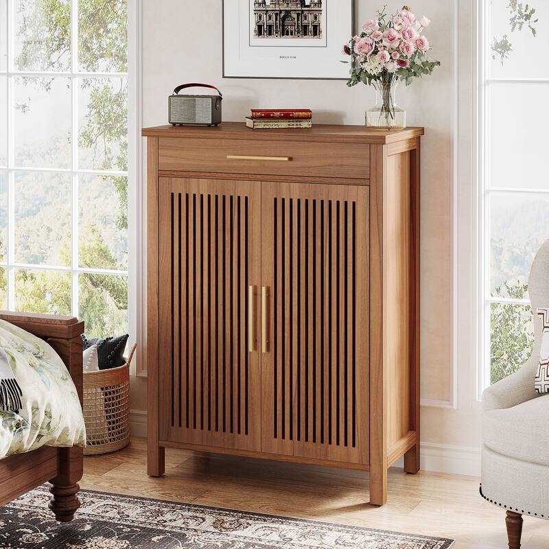 Shoe Cabinet with Louvered Doors & Drawer, Freestanding Wooden Shoe Rack for Entryway