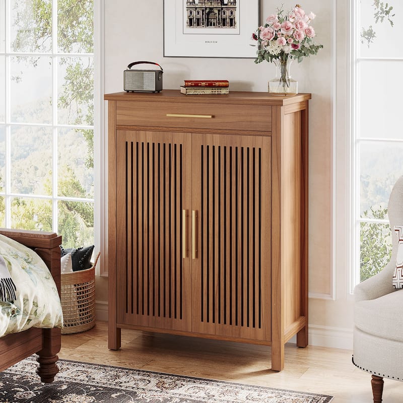 Shoe Storage Cabinet with Louvered Doors & Drawer, Wooden Shoe Rack for Closet, Entryway