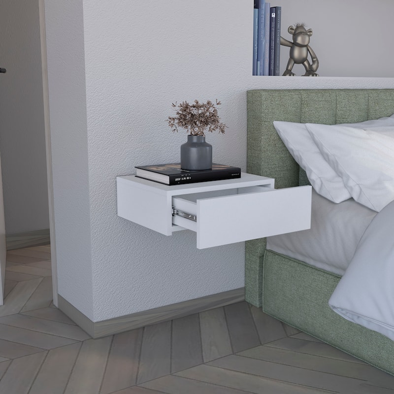 Floating Nightstand 5"H,Modern Wall-Mounted Bedside Shelf with Drawer,Wooden Top Fabric Cabinet Kids Night for Bedroom