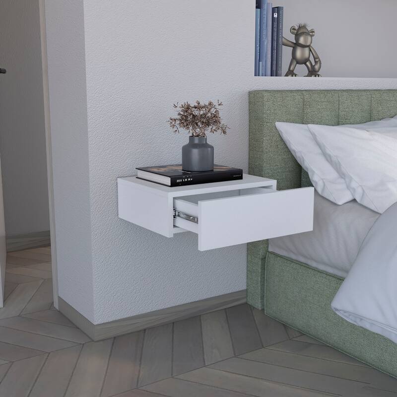 Modern Wall-Mounted Bedside Shelf with Drawer, White