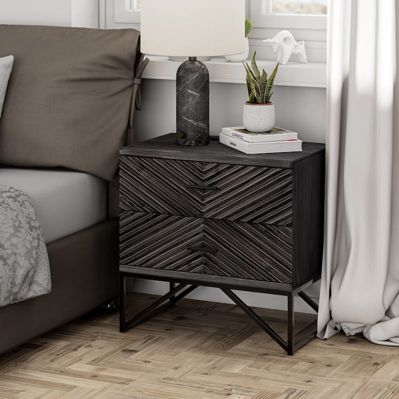 COZAYH Modern 2-Drawer Nightstand, Contemporary Line Accent End Side Table with Black Metal Base for Bedroom, Living Room
