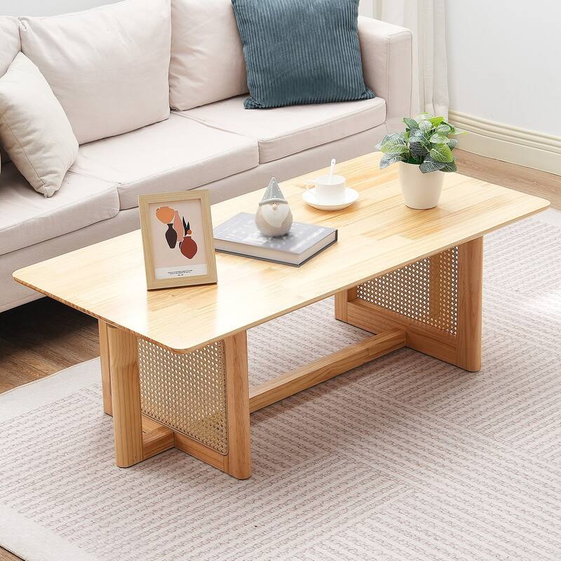47-Inch Modern Rectangle Rattan Coffee Table with Rubber Wood Top Suitable for Any Small Space - 47.2 x 23.6 x 15.7 in