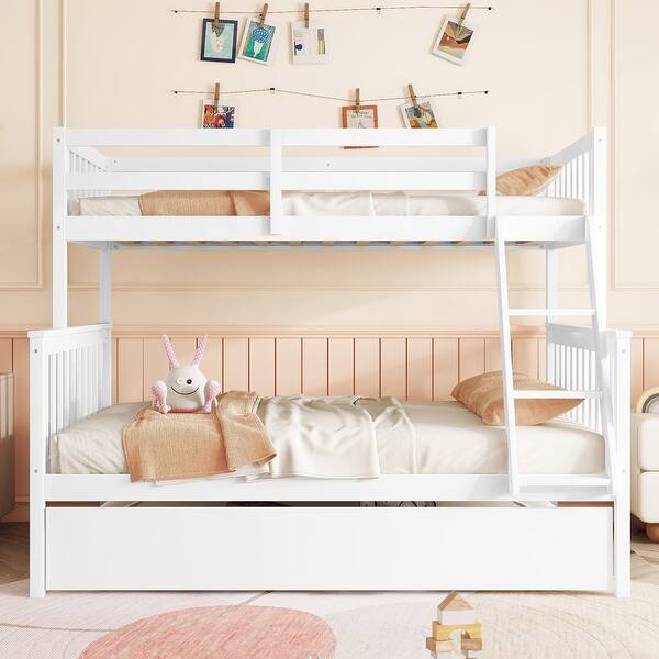 slide 2 of 12, Functional Design Wood Bunk Bed with with Trundle, Convertible Ladder and Guardrail, Twin Over Full, White White