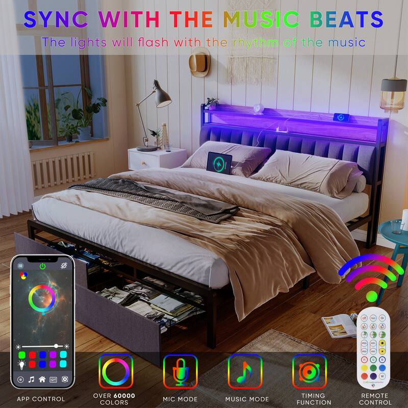 King Size LED Upholstered Platform Bed with Charging Station & Drawers