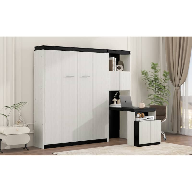 Full Size Murphy Bed with Desk and Storage Shelves and Cabinets