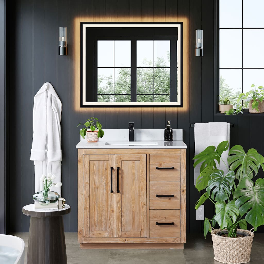 Cicero Single Bathroom Vanity in Light Brown with Grain White Engineered Stone Countertop without Mirror