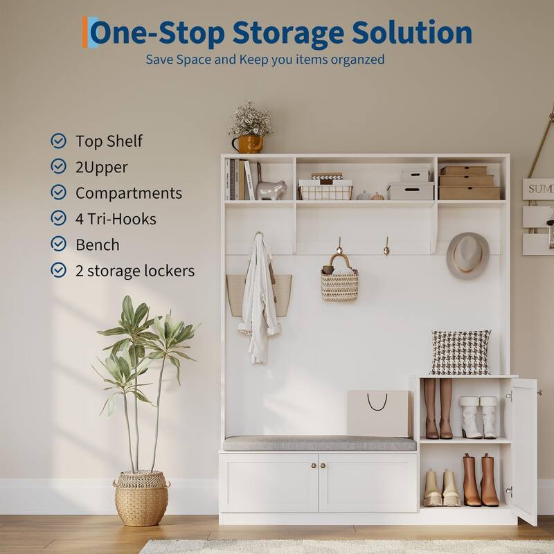 78.7 Inch Tall Hall Tree with Bench and Shoe Storage,Modern Entryway Bench with Coat Rack,4 Hanging Hooks