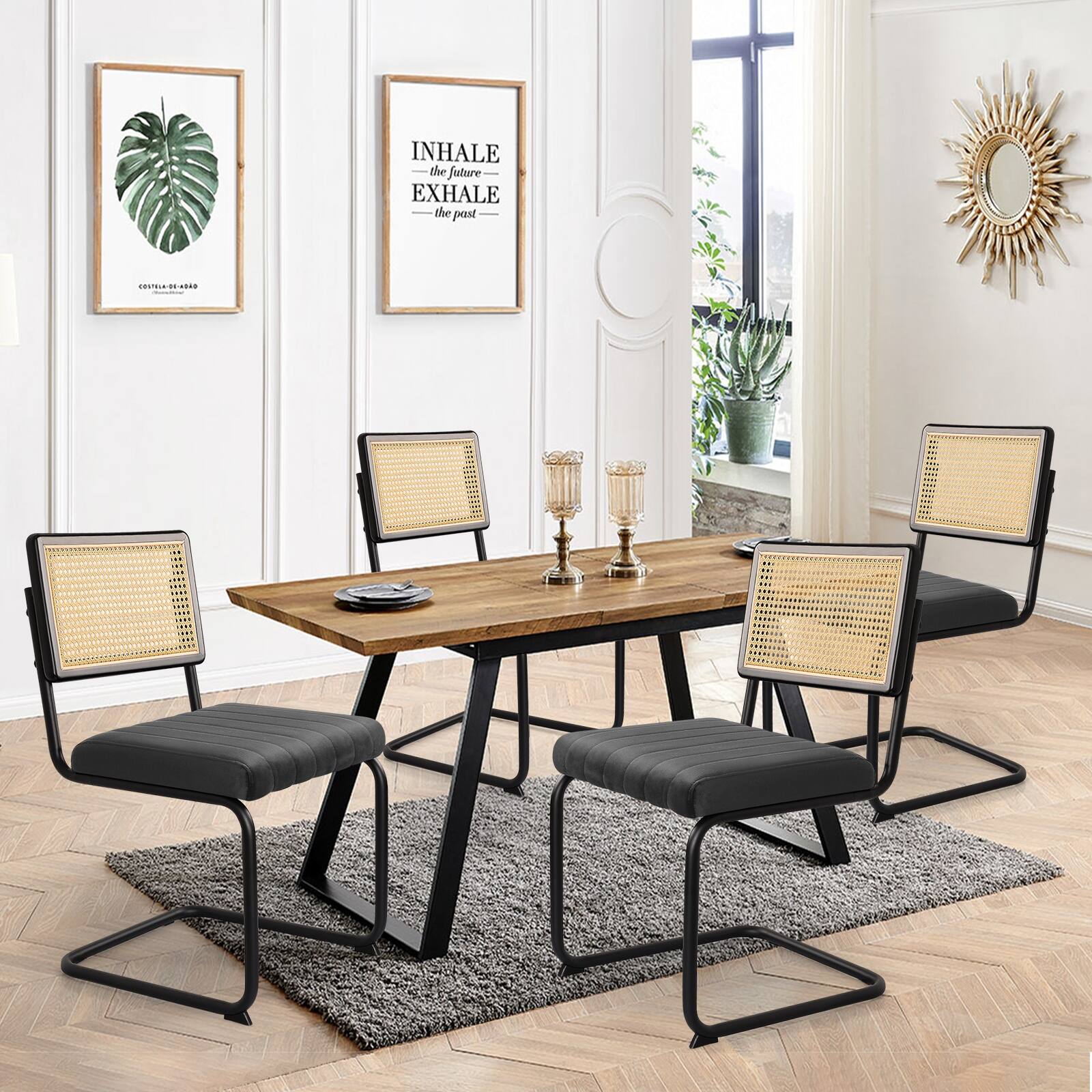 Velvet Upholstered Dining Chairs with Rattan Backrest & Metal Frame