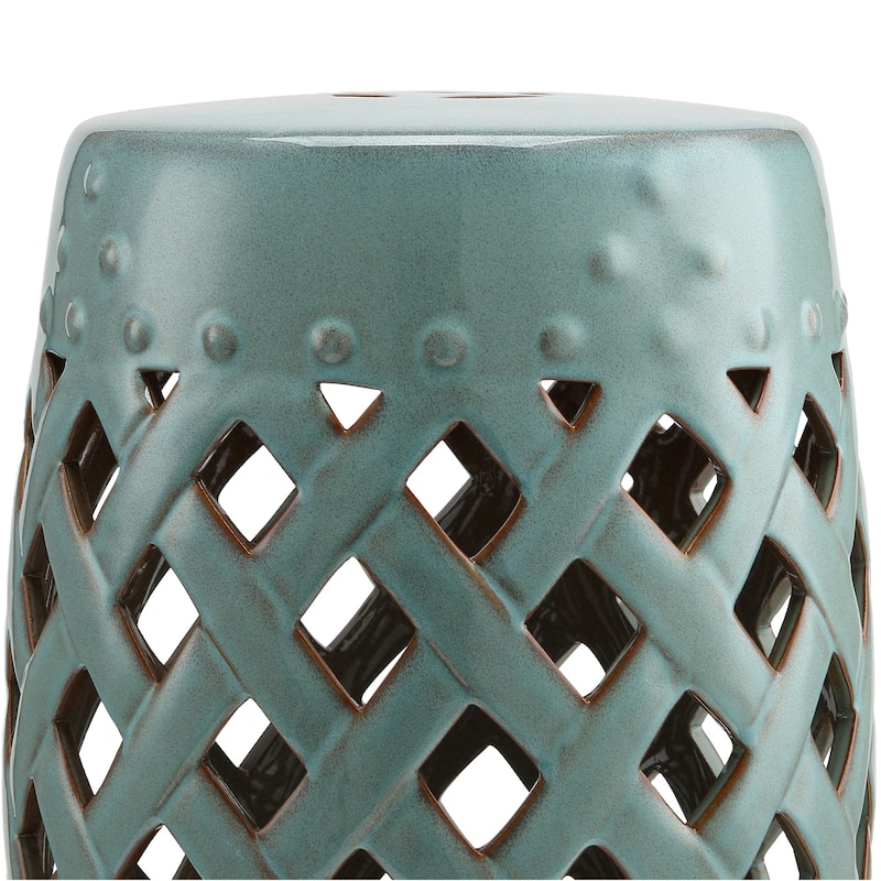 Outsunny 13" Multi-Use Ceramic Garden Stool / Round Side Table / Foot Rest with Lattice Ring Design Antique-Blue Green