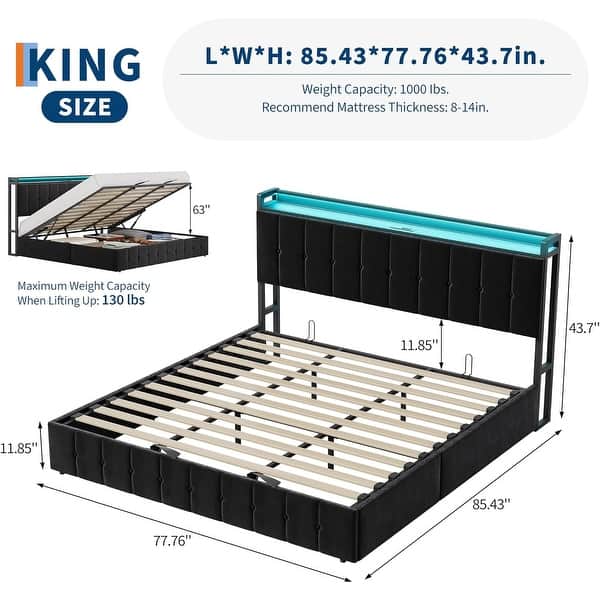 dimension image slide 2 of 12, Bed Frame with Lift Up Storage, Upholstered Velvet Platform Bed with Storage Headboard