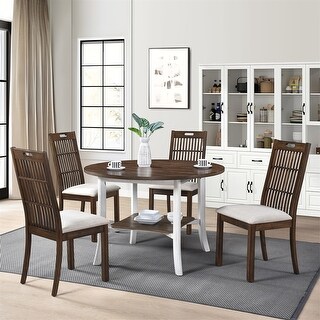 Set of 5 Wood Home Round Dining Table Set with 4 Upholstered Chairs ...