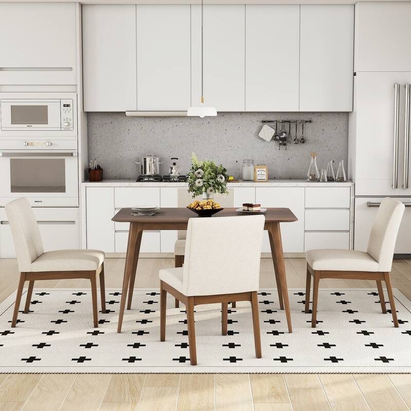 Roomfitters 5-Piece Mid-Century Dining Set, Rectangular Table with Thick Cushioned Upholstered Chairs, Walnut & Light Beige