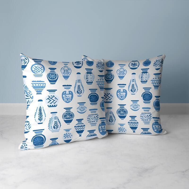 Mystical Pottery Faux Suede Reversible Throw Pillow White and Blue