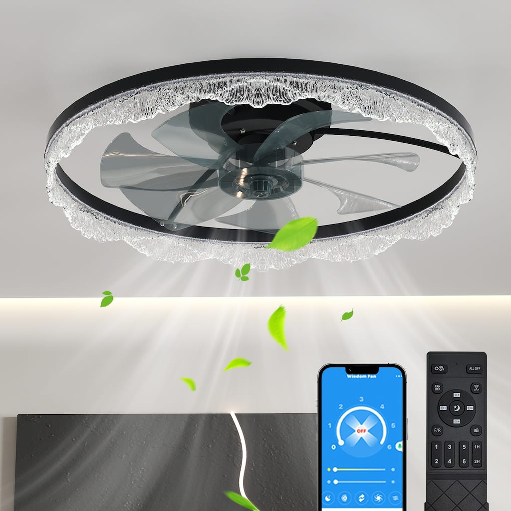 24" Decorative LED Ceiling Fan Light - Modern Flush Mount with Acrylic Ring, Hidden Blades, Remote Control, and Dimmable Light