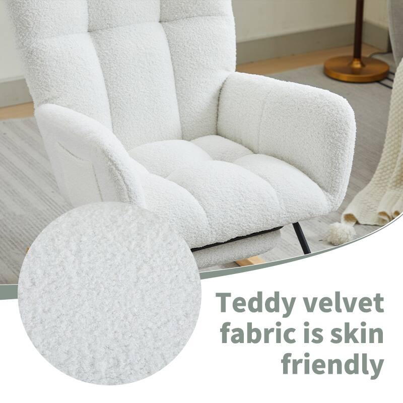 Teddy Fabric High-Back Glider Rocking Chair with Solid Wood Legs and 30° Gentle Swing