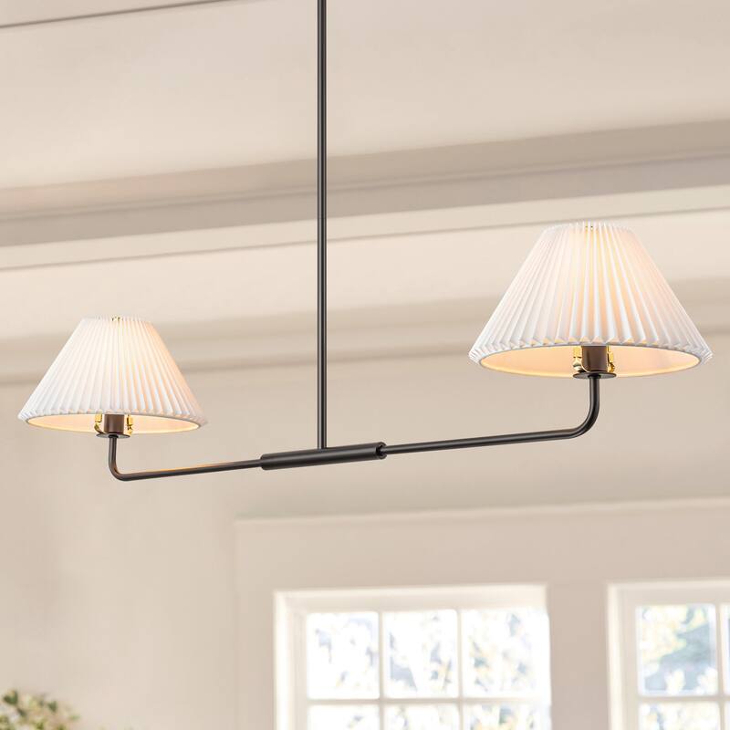 2-Light Modern Gold & Black Linear Pleated Fabric Pendant Kitchen Island Light