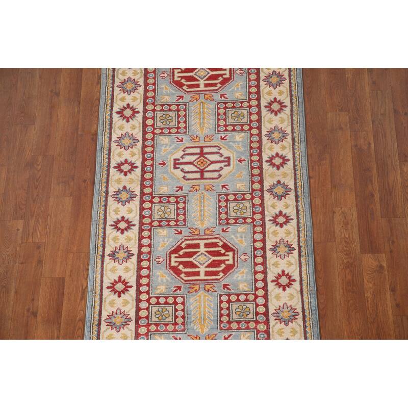 Light Blue Kazak Runner Rug Hand-Knotted Oriental Wool Carpet - 2'7" x 13'0"