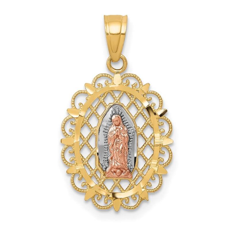 Curata 10k Two-Tone Gold 18" 13x22mm Filigree Gold Our Lady Of Guadalupe Necklace