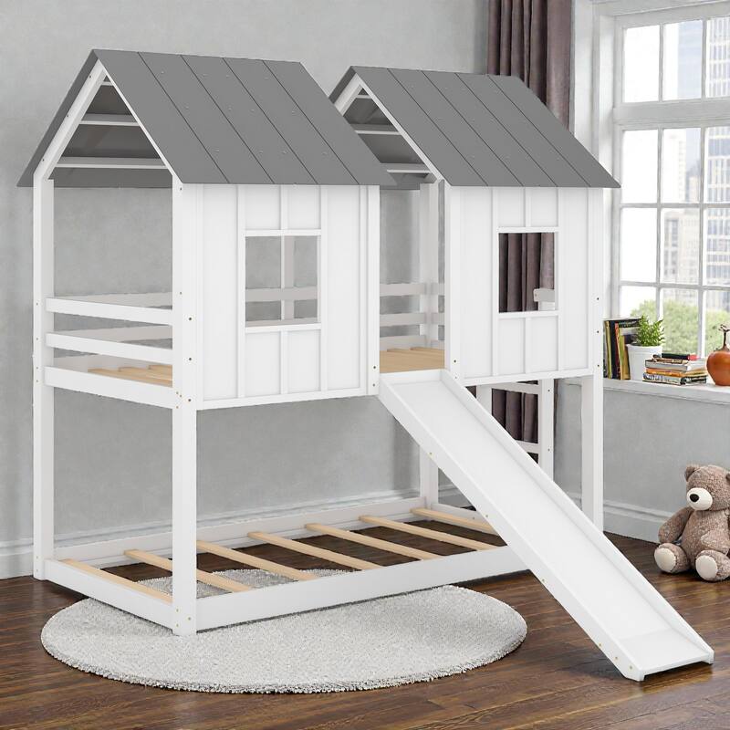 Twin over Twin House Bunk Bed with Slide, Windows and Ladder, Solid Wood Frame, Fun Playhouse Design