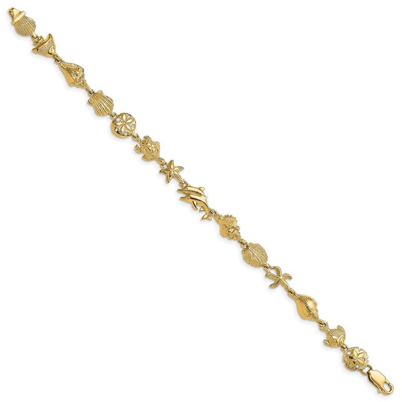 Curata 14k Yellow Gold 7.25" 8.75mm Nautical Sea Shells, Turtles, Starfish Statement Bracelet