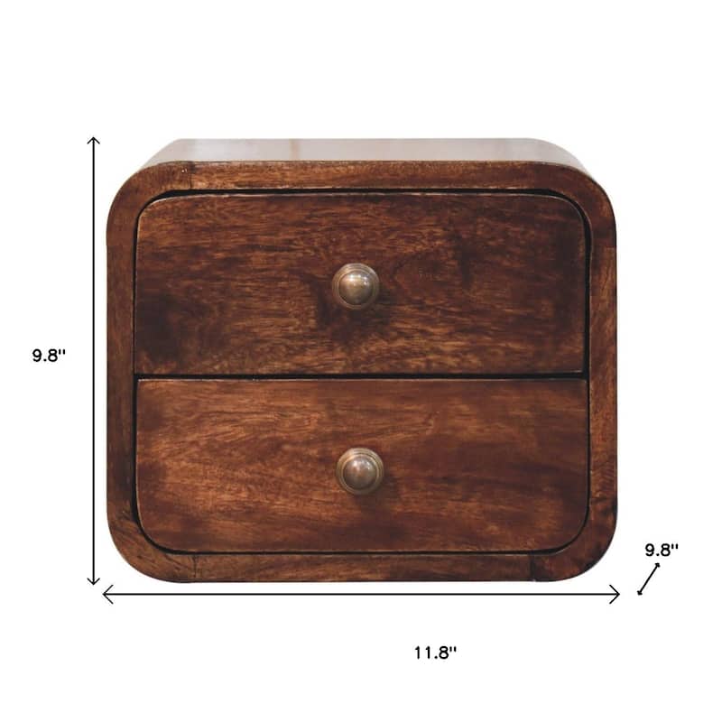 HomeRoots 12" Walnut Solid Wood Square Two Drawer Floating Nightstand