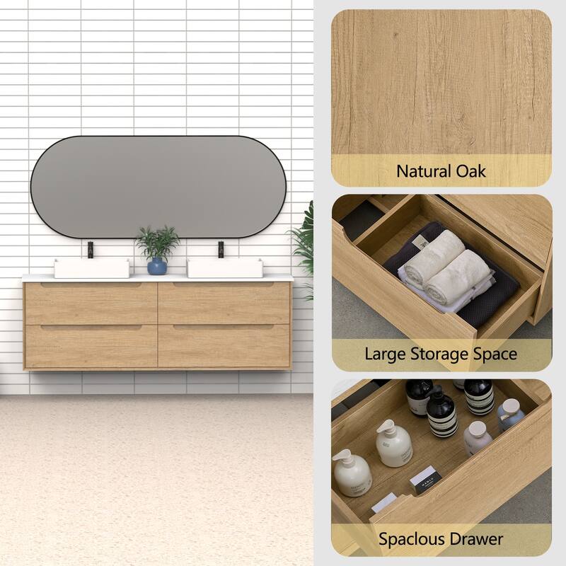 72" Solid Wood Bathroom Vanity with White Quartz Countertop Ceramic Vessel Sink