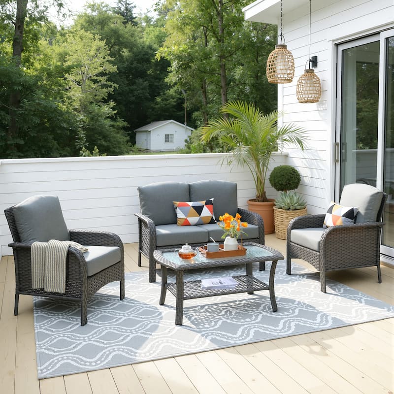 HOOOWOOO 4-piece Wicker Outdoor Conversation Set with Glass Coffee Table - Dark Grey