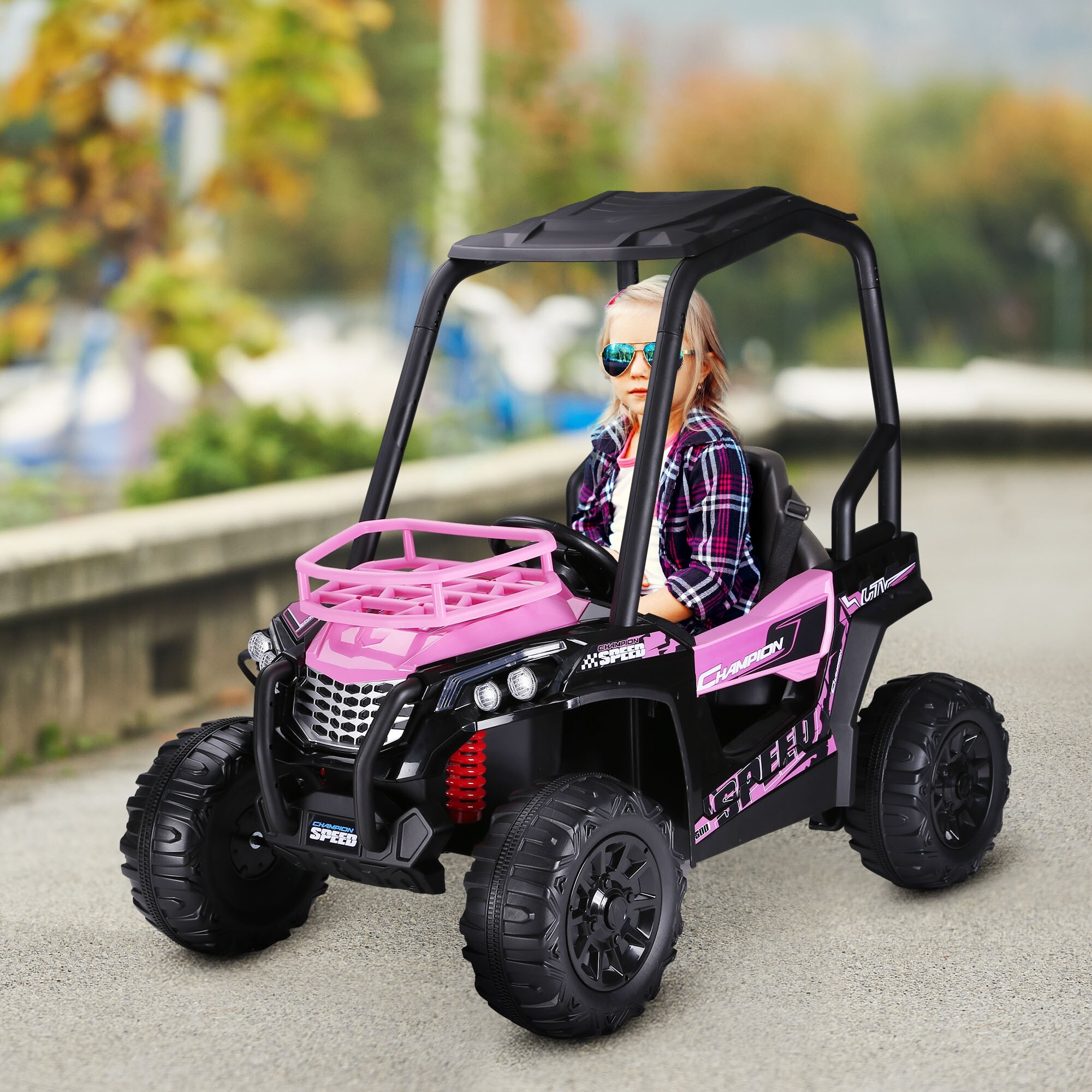Realistic Battery Operated Kids Car with Parent Control Suspension Music Support Pink