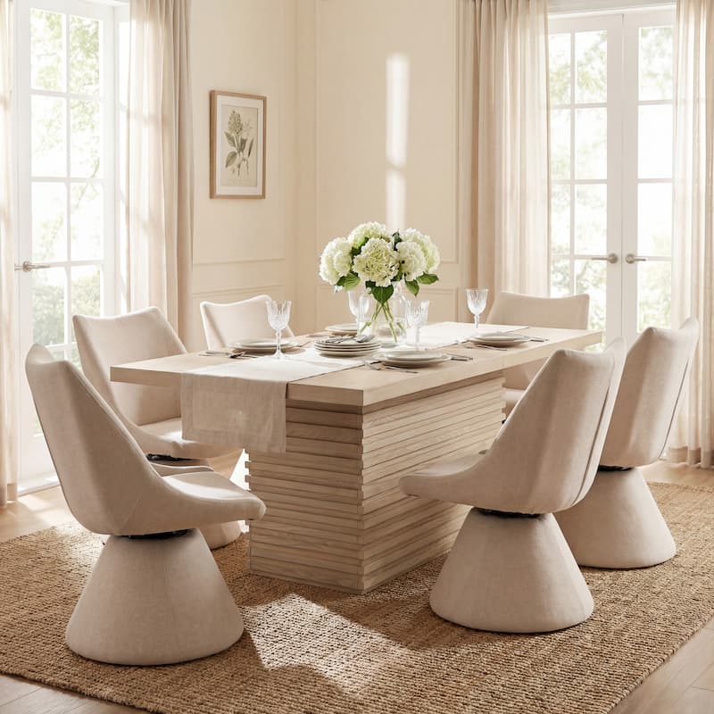 Christopher Knight Home - Thresher 7-Piece Upholstered Swivel Dining Set with 84" Rectangular Pillar Base Dining Table - Beige+Light Ash
