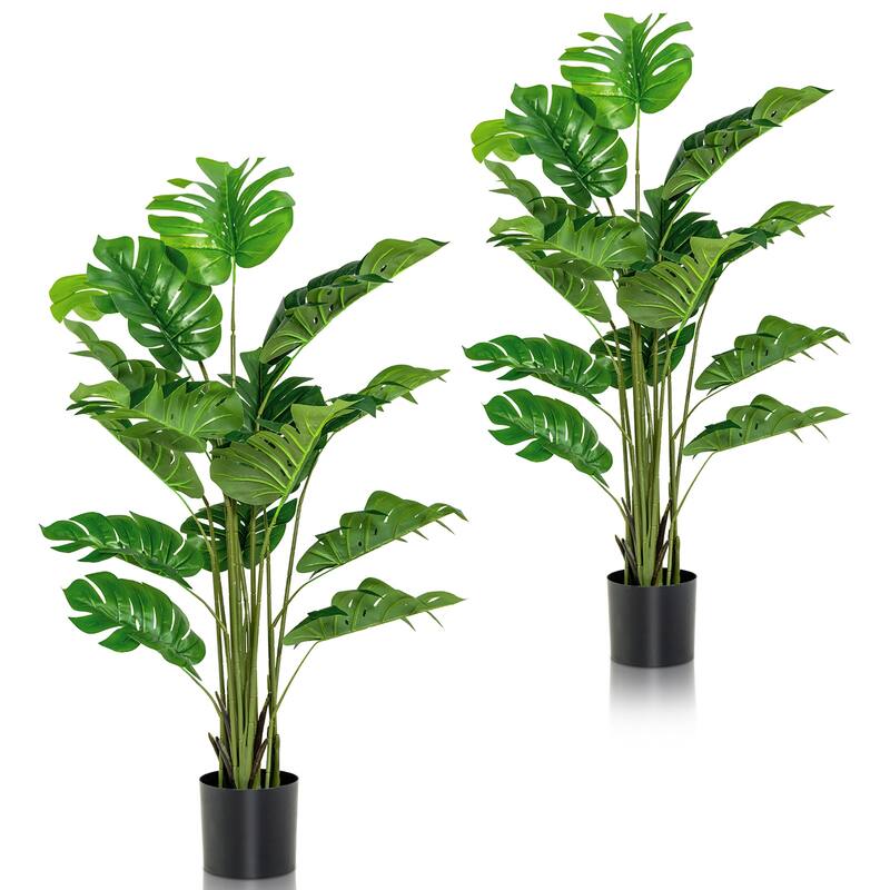 Gymax 2-Pack 5 ft Artificial Tree Potted Fake Faux Monstera Deliciosa - Green