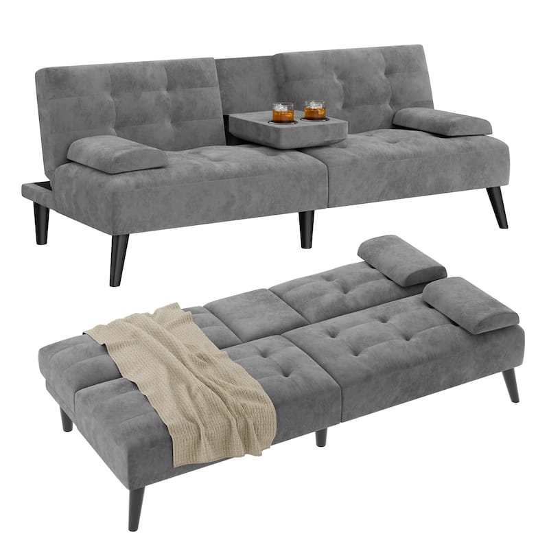 3-in-1 Convertible Sofa Bed with Folding Cup Holders & Adjustable Backrest – Modern Futon with Removable Armrests