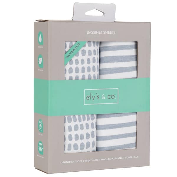 slide 2 of 26, Ely's & Co. Baby Fitted Waterproof Bassinet Sheet Set - 2 Pack - 32" x 16" Misty Blue Stripes & Splash