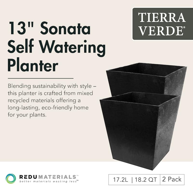 Tierra Verde 2 Pack Indoor Outdoor 13 Inch Self Watering Planters, Sonata, Black - 14
